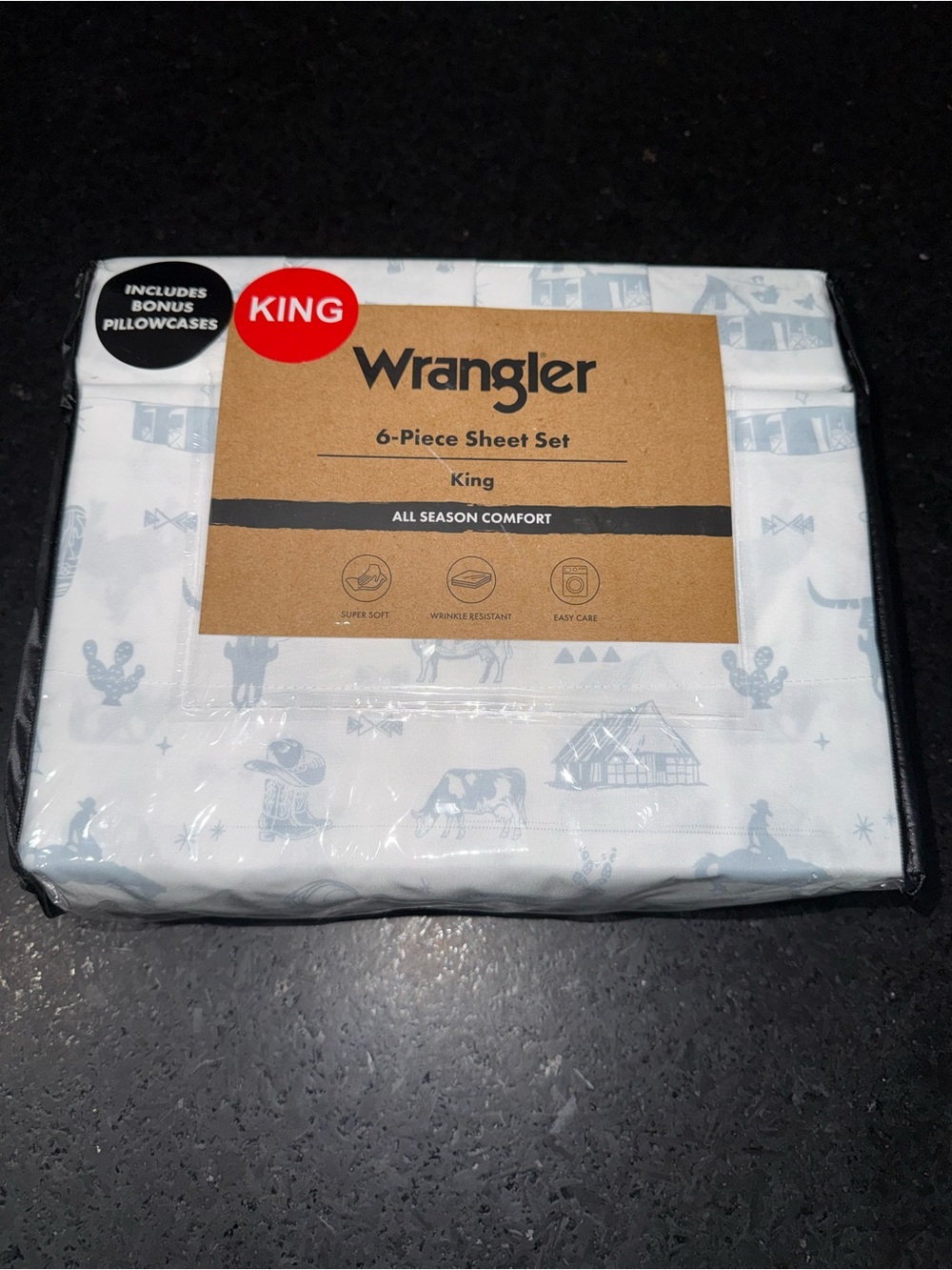 NEW Wrangler King 6-Piece Sheet Set ON THE RANCH White & Blue Western Print NWT
